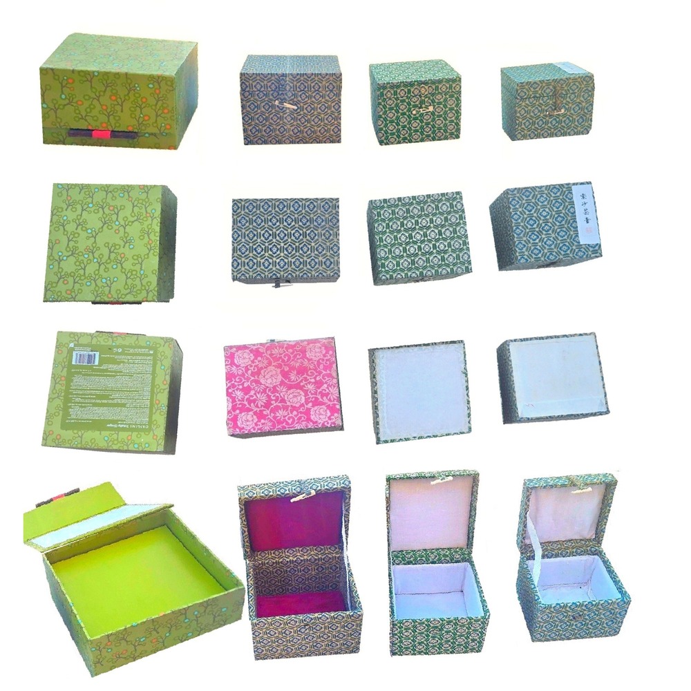 4 Vintage chinese cloisonne tea or writing gift boxes green blue asian fabric